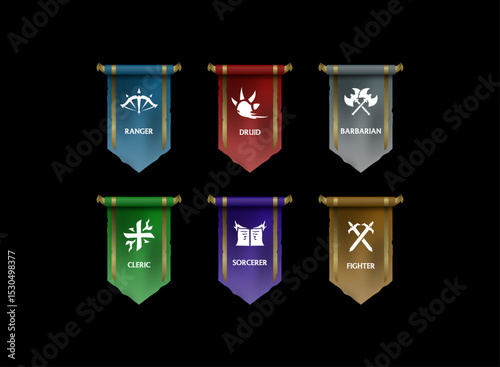 fantasy rpg medieval banner flags, colorful set pennant game icon with role class ranger, fighter, druid, barbarian, cleric symbol