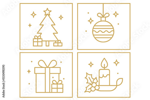 Festive holiday illustrations featuring a Christmas tree, ornament, gift boxes, and candle with decorations and stars