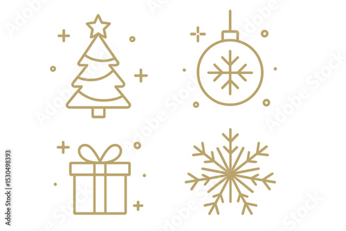 Decorative holiday symbols featuring a Christmas tree, ornament, gift, and snowflake in minimalist design