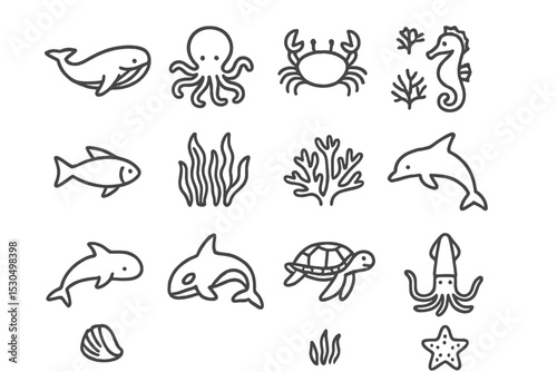Ocean life illustrations featuring various sea creatures and marine plants suitable for educational or decorative purposes