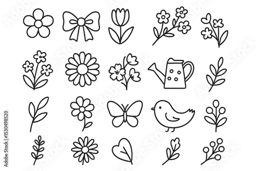 Line art collection of floral and nature designs featuring flowers, butterflies, and garden elements for creative projects