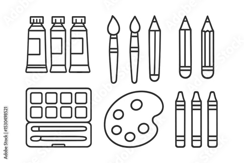 Art supplies including paint tubes, brushes, pencils, and a color palette arranged neatly on a white background