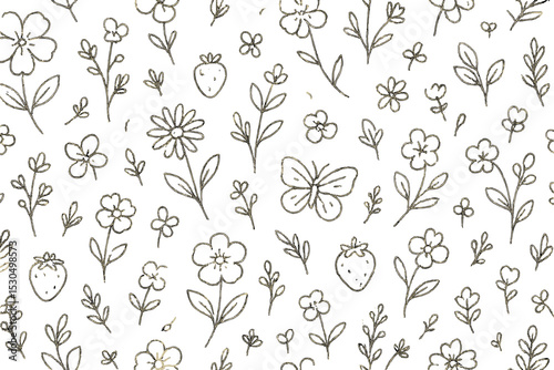 Floral pattern with butterflies and strawberries on a light background capturing the essence of spring in a whimsical design