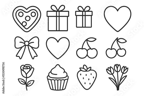 Elegant doodles of gifts, hearts, and flowers in a simple layout, perfect for celebration themes and creative projects