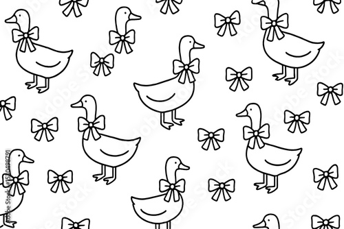 Pattern featuring playful ducks adorned with bows on a clean white background for playful decor