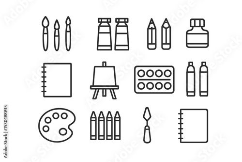 Creative art supplies arranged in a grid showcasing various tools for painting and drawing