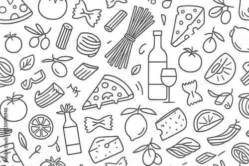 Colorful collection of food and drink illustrations featuring pizza, pasta, fruits, and wine in a fun, playful design