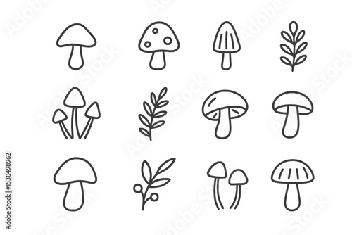 Collection of hand-drawn mushroom and leaf illustrations showcasing different shapes and designs in a simple style