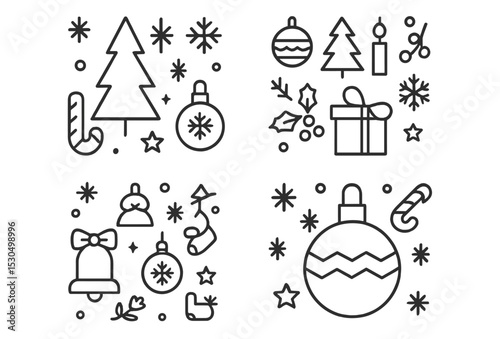 Decorative Christmas themed illustrations showcasing holiday symbols and festive elements for winter celebrations