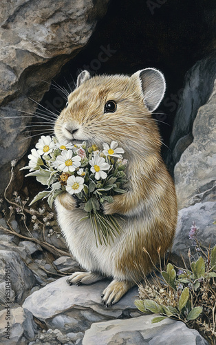 The pika carries small bunches of flowers
