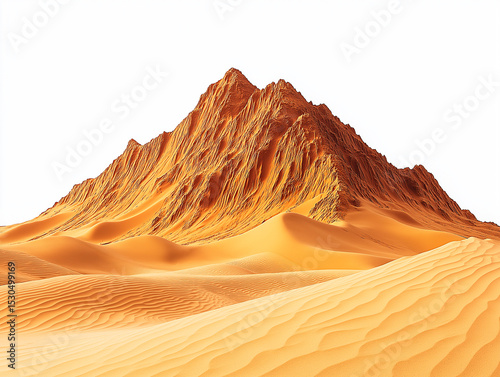 Vast golden sand mountain with sharply defined dunes and rugged peaks, isolated on a white background.