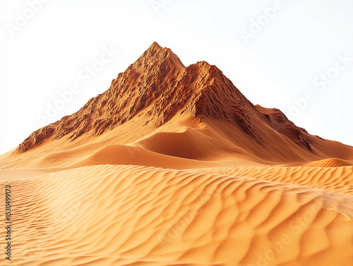 Vast golden sand mountain with sharply defined dunes and rugged peaks, isolated on a white background.
