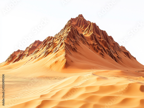 Vast golden sand mountain with sharply defined dunes and rugged peaks, isolated on a white background.