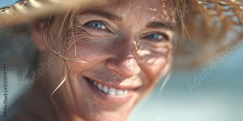 Happy Smiling Woman at Beach Wearing Straw Hat photo