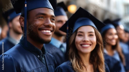 Excited graduates celebrating achievement during outdoor commencement ceremony in vibrant sunlight