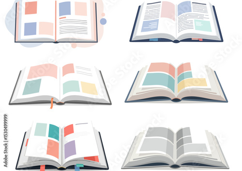 Open textbook with visible pages and soft color blocks on a transparent background in flat modern illustration