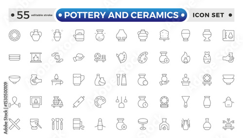 Pottery and Ceramics outline Icon. Clay Vessels, Vases, Jars, Traditional Craft, Ceramic Pots, Amphora, Bowls, Decorative Elements, Vintage Vessels, Greek Jars,. Editable stroke outline icon.