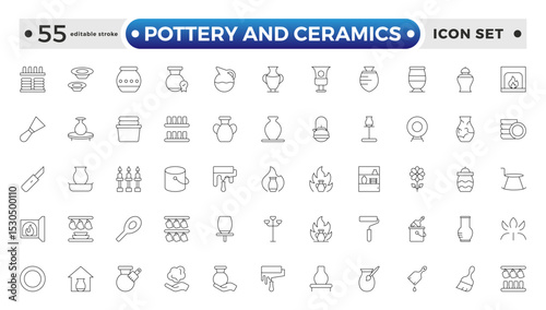 Pottery and Ceramics outline Icon. Clay Vessels, Vases, Jars, Traditional Craft, Ceramic Pots, Amphora, Bowls, Decorative Elements, Vintage Vessels, Greek Jars,. Editable stroke outline icon.