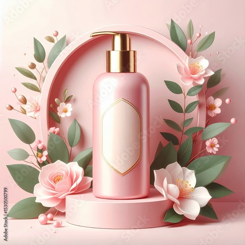 Elegant pink skincare bottle with gold accents surrounded by flowers and greenery
