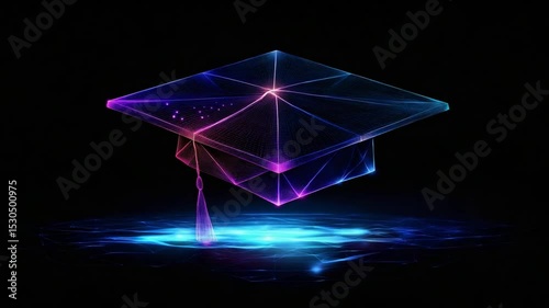Digital graduation cap with neon effects floating against a dark background
