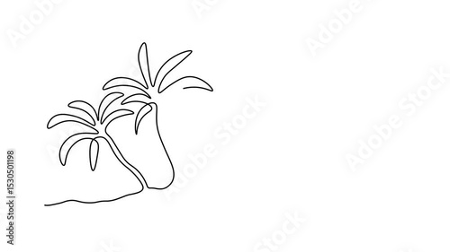 Summer postcard with text and island in the ocean with palm trees. Self drawing animation one continuous line draw, logo