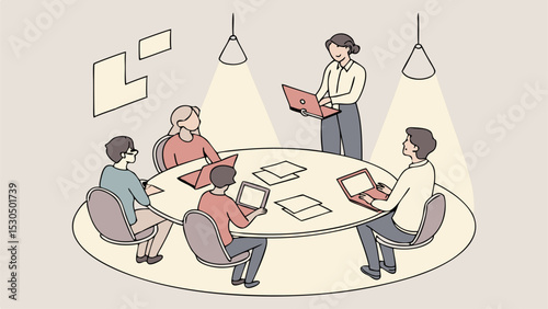 A group of people sitting around a table with laptops and papers in a meeting with a presenter standing