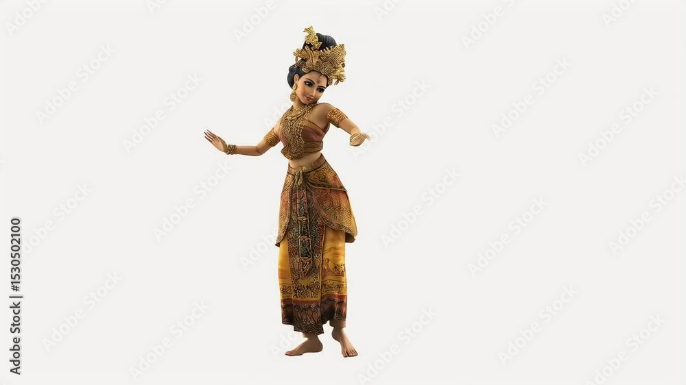 Balinese Legong Dancer in Traditional Gold-Tone Costume, Isolated
