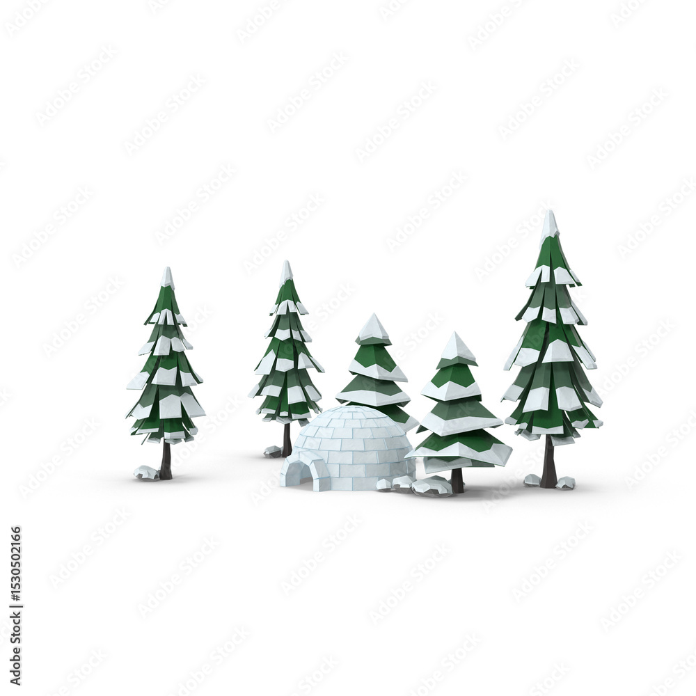 Fototapeta premium Low poly igloo and snowy pine trees isolated on transparent background