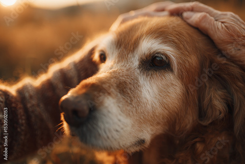 Person petting old dog with love and gratitude, bonding in golden hour