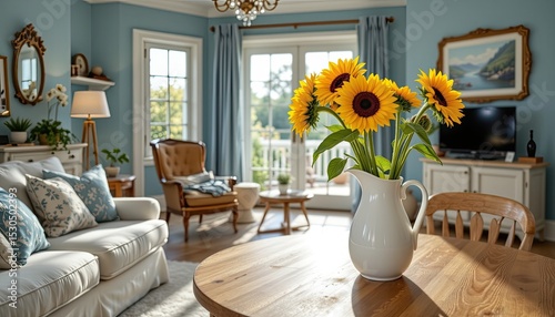 Wallpaper Mural bright coastal living room with blue tones, sunflowers in white jug on wooden table, warm morning light, crisp 4k Torontodigital.ca