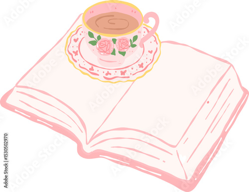 Cute open book with coffee mug illustration in pastel kawaii hand-drawn style