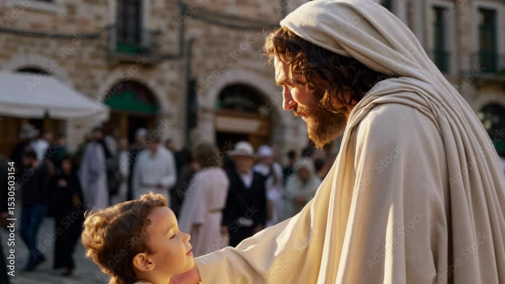 Jesus christ blessing a child in a medieval square
