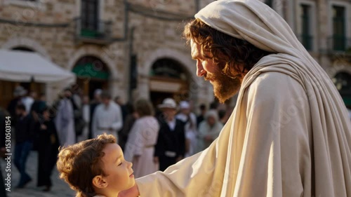 Jesus christ blessing a child in a medieval square