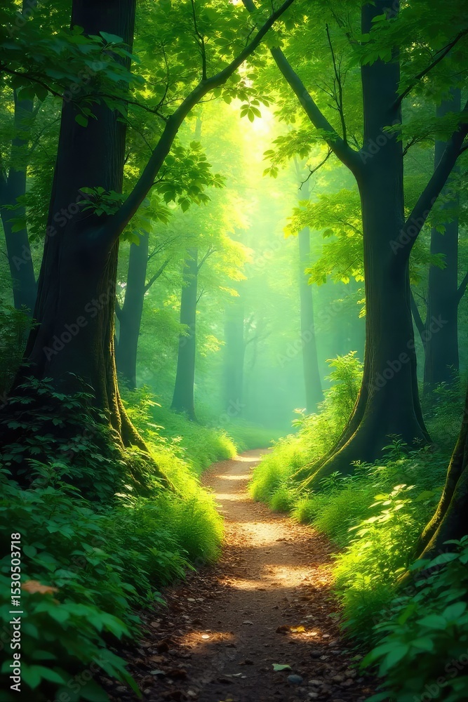 Naklejka premium Sun-dappled forest path winding through lush greenery, dappled sunlight filtering through leaves, creating magical atmosphere Perfect for fantasy, fairytale, nature themes , wilderness, shadows