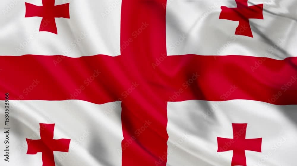 Georgian Flag Waving, Patriotic Georgian Flag Waving on Mountain Landscape