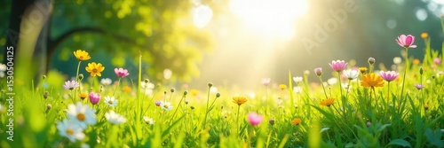 Sunlight dapples a vibrant meadow bursting with wildflowers, a gentle breeze rustling through the tall grass, conveying a sense of carefree spring joy ,  orange,  joyful spring,  landscape