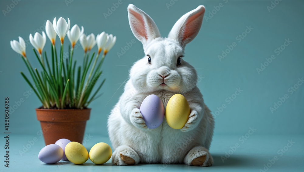 Fototapeta premium Adorable easter bunny holding colorful eggs with beautiful white crocus flowers