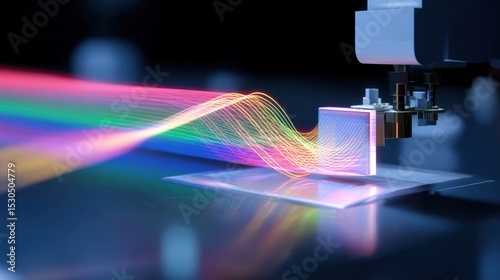 A detailed image of spectral analysis equipment beside a photonic neuralnetwork chip in a cleanroom demonstrating the interaction of light signals during the characterization process. photo
