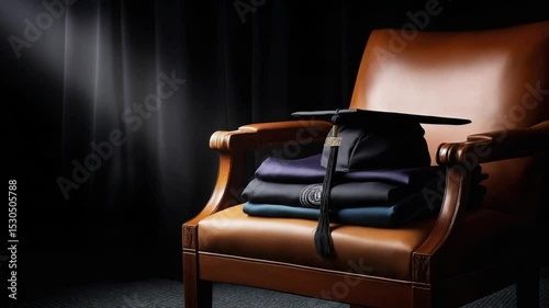 Graduation cap and gowns resting on a chair in a dimly lit setting ready for the ceremony