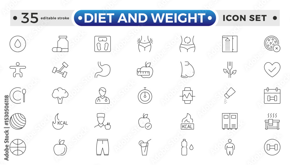 Diet and weight loss outline icon set. Gym and fitness web icon set. Containing healthy lifestyle, weight training, body care and workout or exercise equipment icons. Editable stroke outline icon.
Diet and weight loss outline icon set. Gym and fitness web icon set. Containing healthy lifestyle, weight training, body care and workout or exercise equipment icons. Editable stroke outline icon.