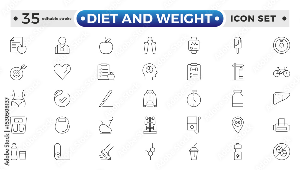 Diet and weight loss outline icon set. Gym and fitness web icon set. Containing healthy lifestyle, weight training, body care and workout or exercise equipment icons. Editable stroke outline icon.
Diet and weight loss outline icon set. Gym and fitness web icon set. Containing healthy lifestyle, weight training, body care and workout or exercise equipment icons. Editable stroke outline icon.