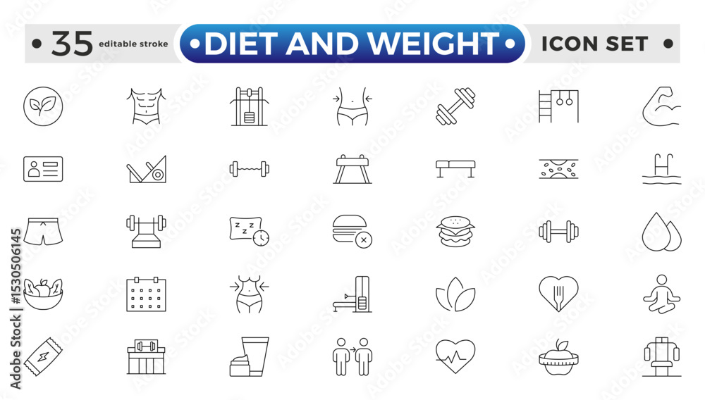 Diet and weight loss outline icon set. Gym and fitness web icon set. Containing healthy lifestyle, weight training, body care and workout or exercise equipment icons. Editable stroke outline icon.
Diet and weight loss outline icon set. Gym and fitness web icon set. Containing healthy lifestyle, weight training, body care and workout or exercise equipment icons. Editable stroke outline icon.