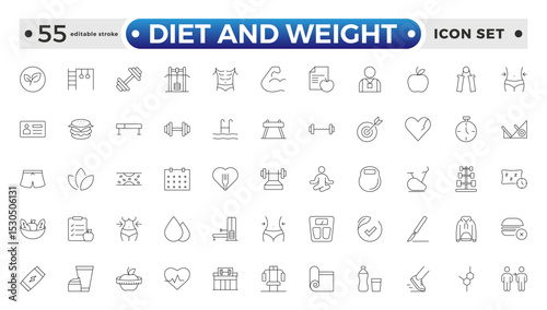 Diet and weight loss outline icon set. Gym and fitness web icon set. Containing healthy lifestyle, weight training, body care and workout or exercise equipment icons. Editable stroke outline icon.
