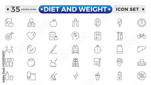 Diet and weight loss outline icon set. Gym and fitness web icon set. Containing healthy lifestyle, weight training, body care and workout or exercise equipment icons. Editable stroke outline icon.
