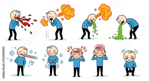 Cartoon Illustrations of Various Sickness Symptoms