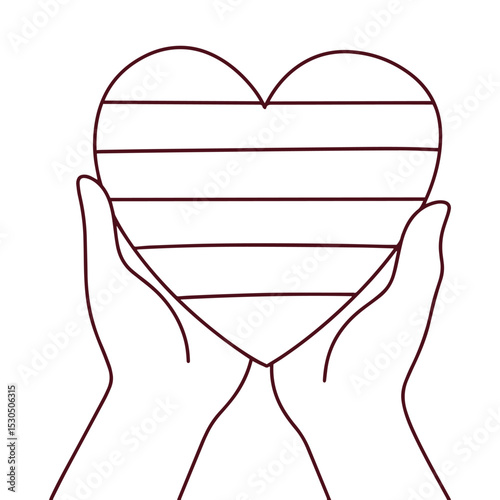 Monochrome line drawing of two light-skinned hands holding heart with rainbow stripes. Represents LGBT pride and human connection