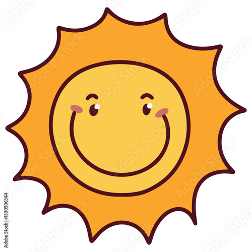 Bright yellow sun with bold outline, smiling face and wavy edges, cheerful and warm character illustration