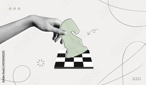 Trendy Halftone Collage Hand holding chess piece. Abstract chessman. Game strategy. Strategic leader. Knight horse chess figure. Paper texture. Contemporary vector illustration art