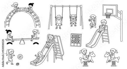 Children Playing on Playground Equipment, Black and White Line Art