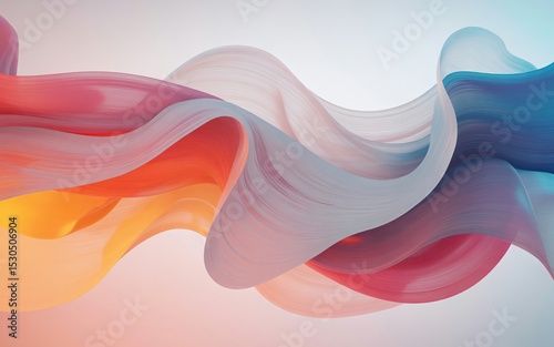 An abstract image features smooth, flowing waves of color in shades of pink, orange, blue, and white against a light background.